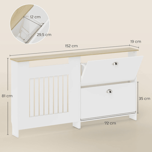 HOMCOM Cobertura Radiadores com Sapateira Cobertura para Radiador de MDF 152x19x81 cm Cobertura para Radiador com 2 Gavetas Rebatíveis Desenho Moderno de Ripas para Sala Quarto Branco HOMCOM Cobertura Radiadores com Sapateira Cobertura para Radiador de MDF 152x19x81 cm Cobertura para Radiador com 2 Gavetas Rebatíveis Desenho Moderno de Ripas para Sala Quarto Branco