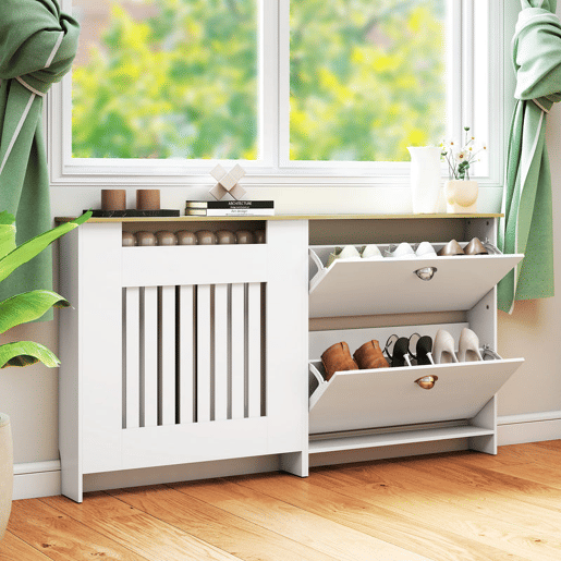 HOMCOM Cobertura Radiadores com Sapateira Cobertura para Radiador de MDF 152x19x81 cm Cobertura para Radiador com 2 Gavetas Rebatíveis Desenho Moderno de Ripas para Sala Quarto Branco HOMCOM Cobertura Radiadores com Sapateira Cobertura para Radiador de MDF 152x19x81 cm Cobertura para Radiador com 2 Gavetas Rebatíveis Desenho Moderno de Ripas para Sala Quarto Branco