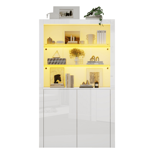 Aparador para sofá 100x35x170 cm - Armário de arrumação de alto brilho com luzes LED, vitrina com vidro temperado - Branco