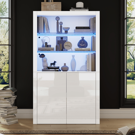 Aparador para sofá 100x35x170 cm - Armário de arrumação de alto brilho com luzes LED, vitrina com vidro temperado - Branco