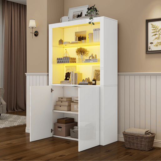 Aparador para sofá 100x35x170 cm - Armário de arrumação de alto brilho com luzes LED, vitrina com vidro temperado - Branco