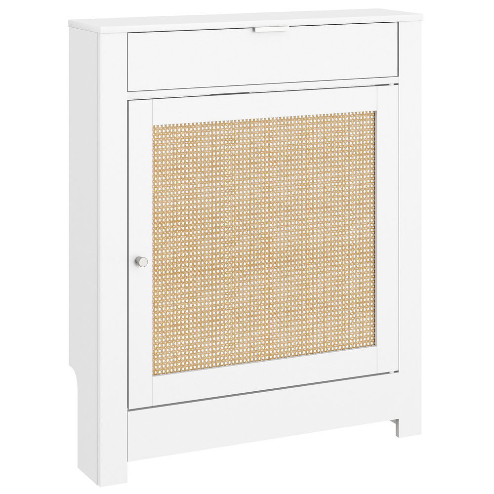 Homcom cubre radiadores con puerta abatible y ratán, cubreradiador de mdf, 78x19x95,5 cm, cubierta para radiador, compartimento, diseño bohemio, para salón, dormitorio, blanco