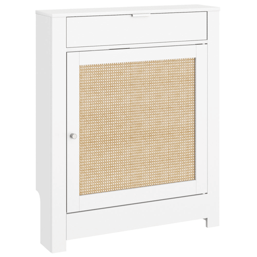 HOMCOM Cobertura para Radiador com Porta Rebatível e Vime Proteção Radiador de MDF 78x19x95,5 cm com Compartimento Desenho Boémio para Sala Quarto Branco