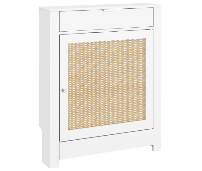 Homcom cubre radiadores con puerta abatible y ratán, cubreradiador de mdf, 78x19x95,5 cm, cubierta para radiador, compartimento, diseño bohemio, para salón, dormitorio, blanco