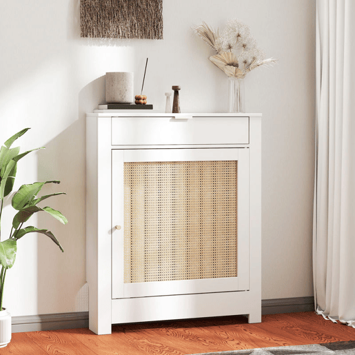 HOMCOM Cobertura para Radiador com Porta Rebatível e Vime Proteção Radiador de MDF 78x19x95,5 cm com Compartimento Desenho Boémio para Sala Quarto Branco