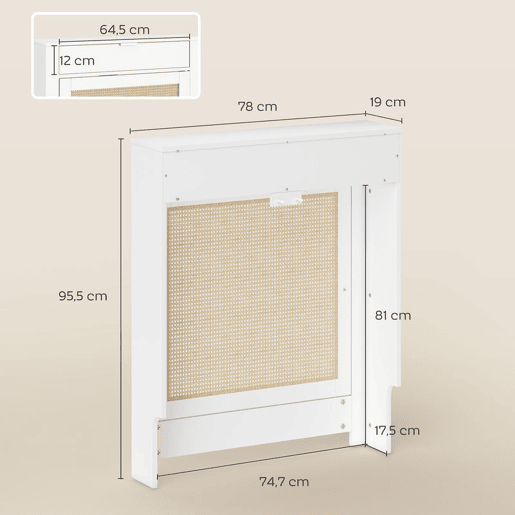 HOMCOM Cobertura para Radiador com Porta Rebatível e Vime Proteção Radiador de MDF 78x19x95,5 cm com Compartimento Desenho Boémio para Sala Quarto Branco