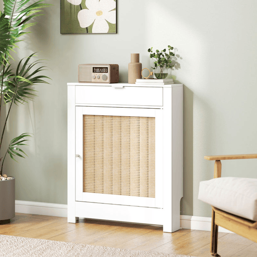 HOMCOM Cobertura para Radiador com Porta Rebatível e Vime Proteção Radiador de MDF 78x19x95,5 cm com Compartimento Desenho Boémio para Sala Quarto Branco