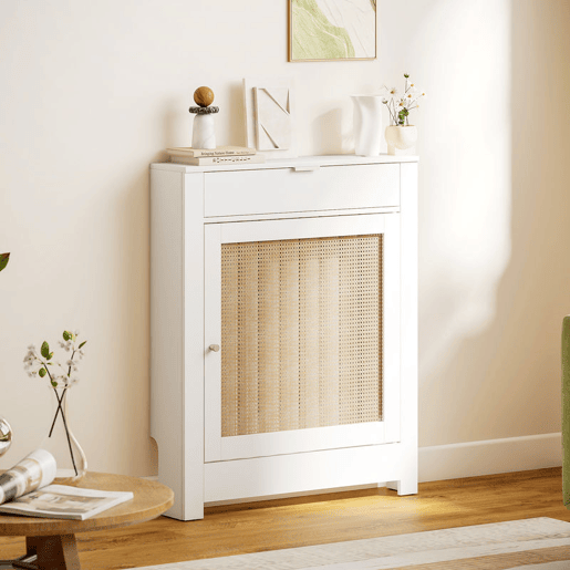 HOMCOM Cobertura para Radiador com Porta Rebatível e Vime Proteção Radiador de MDF 78x19x95,5 cm com Compartimento Desenho Boémio para Sala Quarto Branco