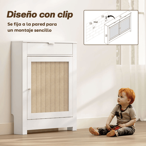 HOMCOM Cobertura para Radiador com Porta Rebatível e Vime Proteção Radiador de MDF 78x19x95,5 cm com Compartimento Desenho Boémio para Sala Quarto Branco
