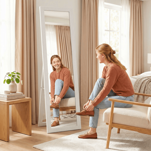 HOMCOM Espelho de Corpo Inteiro 37x155 cm Espelho de Pé Espelho de Parede Retangular com Estrutura de Madeira Decorativo para Sala de Estar Dormitório Corredor Branco com Veios
