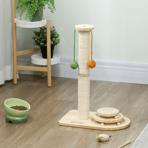 PawHut Poste Arranhador para Gatos Altura 56,5 cm Arranhador para Gatos com 3 Bolas Suspensas Brinquedo de Bola de Pista e Poste de Sisal Madeira