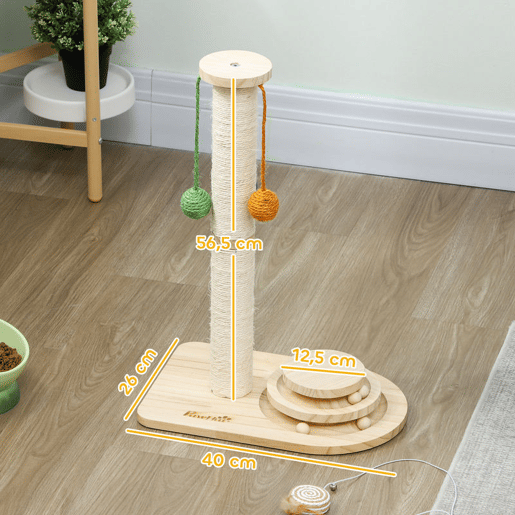 PawHut Poste Arranhador para Gatos Altura 56,5 cm Arranhador para Gatos com 3 Bolas Suspensas Brinquedo de Bola de Pista e Poste de Sisal Madeira