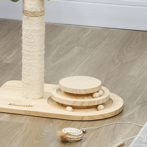 PawHut Poste Arranhador para Gatos Altura 56,5 cm Arranhador para Gatos com 3 Bolas Suspensas Brinquedo de Bola de Pista e Poste de Sisal Madeira