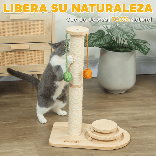 PawHut Poste Arranhador para Gatos Altura 56,5 cm Arranhador para Gatos com 3 Bolas Suspensas Brinquedo de Bola de Pista e Poste de Sisal Madeira