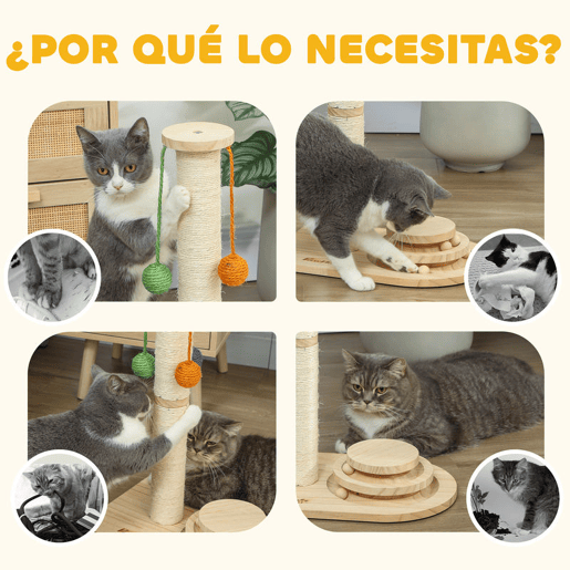 PawHut Poste Arranhador para Gatos Altura 56,5 cm Arranhador para Gatos com 3 Bolas Suspensas Brinquedo de Bola de Pista e Poste de Sisal Madeira
