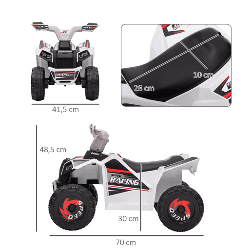 HOMCOM Quadriciclo Elétrico para Crianças 18-36 Meses Veículo Elétrico a Bateria de 6V com Velocidade 2,5 kmh Avanço e Marcha Atrás 70x41,5x48,5 cm Branco
