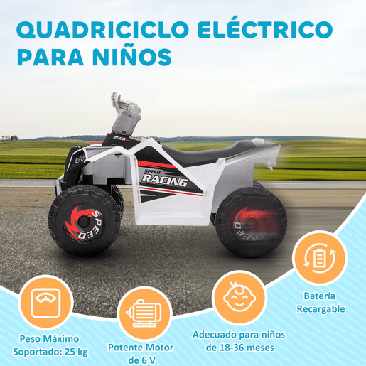 HOMCOM Quadriciclo Elétrico para Crianças 18-36 Meses Veículo Elétrico a Bateria de 6V com Velocidade 2,5 kmh Avanço e Marcha Atrás 70x41,5x48,5 cm Branco