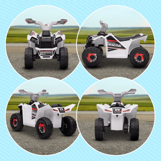 HOMCOM Quadriciclo Elétrico para Crianças 18-36 Meses Veículo Elétrico a Bateria de 6V com Velocidade 2,5 kmh Avanço e Marcha Atrás 70x41,5x48,5 cm Branco