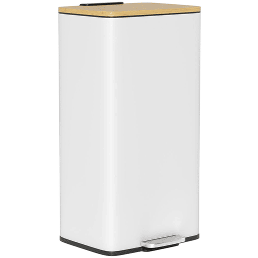 HOMCOM Balde de Lixo de Cozinha com Pedal 20L Tampa de Bambu com Fecho Suave Balde de Cozinha com Balde Interior Removível Anti-Impressões Digitais 29,5x29,5x56,8 cm Branco e Madeira