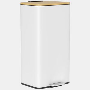 HOMCOM Balde de Lixo de Cozinha com Pedal 20L Tampa de Bambu com Fecho Suave Balde de Cozinha com Balde Interior Removível Anti-Impressões Digitais 29,5x29,5x56,8 cm Branco e Madeira
