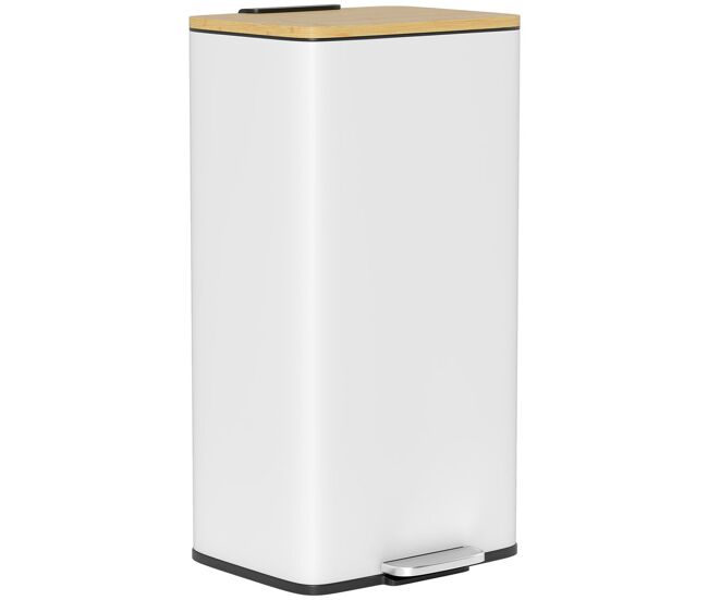 Homcom cubo de basura cocina con pedal, 20l, tapa de bambú de cierre suave, papelera de cocina con cubo interior extraíble, anti-huellas, para dormitorio, salón, 29,5x29,5x56,8 cm, blanco y natural