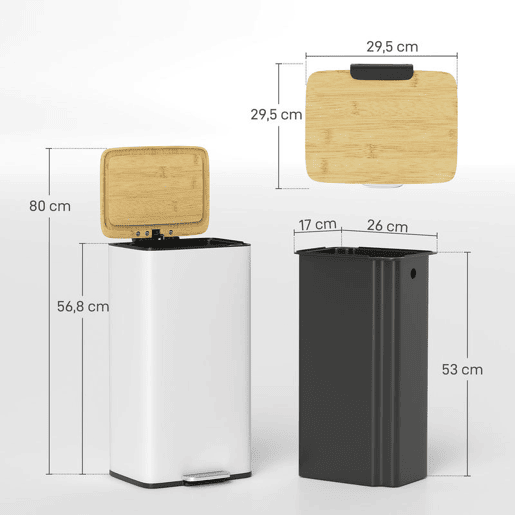 HOMCOM Balde de Lixo de Cozinha com Pedal 20L Tampa de Bambu com Fecho Suave Balde de Cozinha com Balde Interior Removível Anti-Impressões Digitais 29,5x29,5x56,8 cm Branco e Madeira