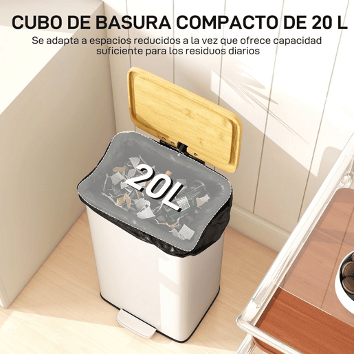 HOMCOM Balde de Lixo de Cozinha com Pedal 20L Tampa de Bambu com Fecho Suave Balde de Cozinha com Balde Interior Removível Anti-Impressões Digitais 29,5x29,5x56,8 cm Branco e Madeira