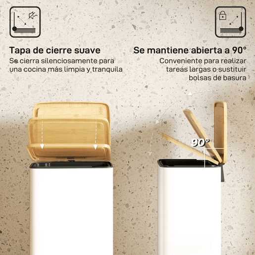 HOMCOM Balde de Lixo de Cozinha com Pedal 20L Tampa de Bambu com Fecho Suave Balde de Cozinha com Balde Interior Removível Anti-Impressões Digitais 29,5x29,5x56,8 cm Branco e Madeira