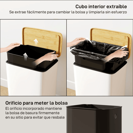 HOMCOM Balde de Lixo de Cozinha com Pedal 20L Tampa de Bambu com Fecho Suave Balde de Cozinha com Balde Interior Removível Anti-Impressões Digitais 29,5x29,5x56,8 cm Branco e Madeira