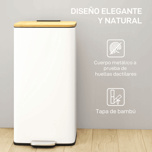HOMCOM Balde de Lixo de Cozinha com Pedal 20L Tampa de Bambu com Fecho Suave Balde de Cozinha com Balde Interior Removível Anti-Impressões Digitais 29,5x29,5x56,8 cm Branco e Madeira