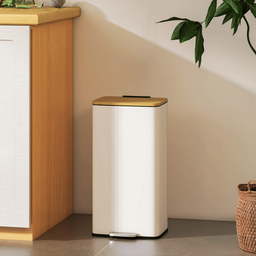 HOMCOM Balde de Lixo de Cozinha com Pedal 20L Tampa de Bambu com Fecho Suave Balde de Cozinha com Balde Interior Removível Anti-Impressões Digitais 29,5x29,5x56,8 cm Branco e Madeira