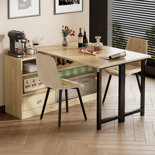 Mesa de jantar extensível com arrumação - Mesa de jantar moderna e móvel, mesa dobrável com grande arrumação, giratória a 360° - Natural