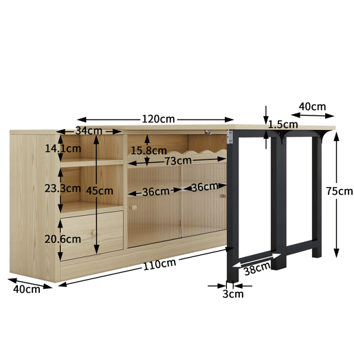 Mesa de jantar extensível com arrumação - Mesa de jantar moderna e móvel, mesa dobrável com grande arrumação, giratória a 360° - Natural