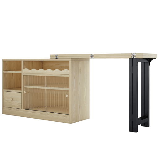 Mesa de jantar extensível com arrumação - Mesa de jantar moderna e móvel, mesa dobrável com grande arrumação, giratória a 360° - Natural