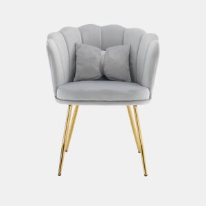 Poltrona moderna de veludo - Poltrona de banho confortável e decorativa com encosto em pétalas e pés metálicos dourados - Cinza