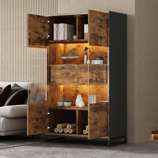 Vitrine 80x40x138 cm - Com LED, 2 gavetas, com acrílico e grande capacidade de armazenamento - Preto + Veios de madeira