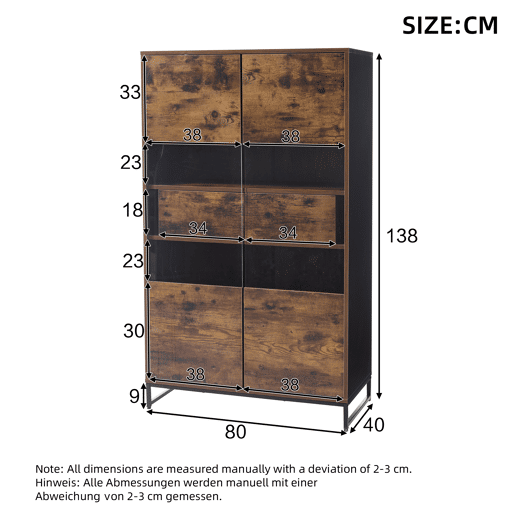 Vitrine 80x40x138 cm - Com LED, 2 gavetas, com acrílico e grande capacidade de armazenamento - Preto + Veios de madeira