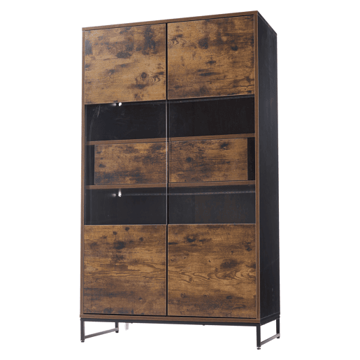 Vitrine 80x40x138 cm - Com LED, 2 gavetas, com acrílico e grande capacidade de armazenamento - Preto + Veios de madeira