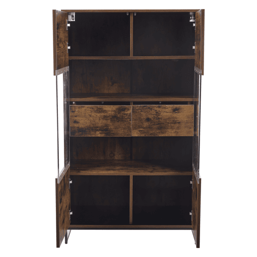 Vitrine 80x40x138 cm - Com LED, 2 gavetas, com acrílico e grande capacidade de armazenamento - Preto + Veios de madeira
