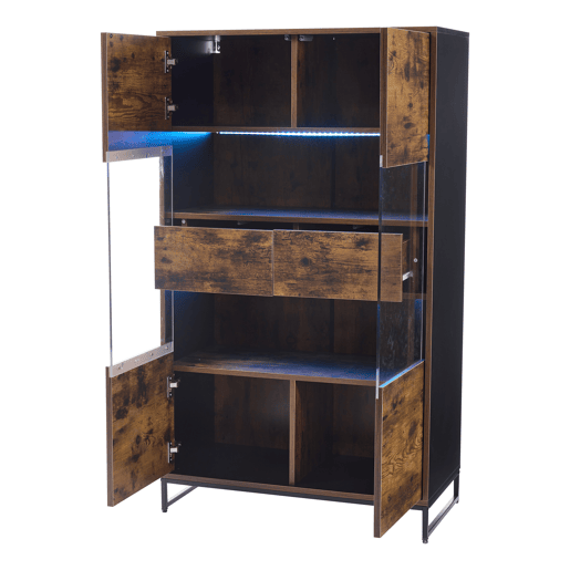 Vitrine 80x40x138 cm - Com LED, 2 gavetas, com acrílico e grande capacidade de armazenamento - Preto + Veios de madeira
