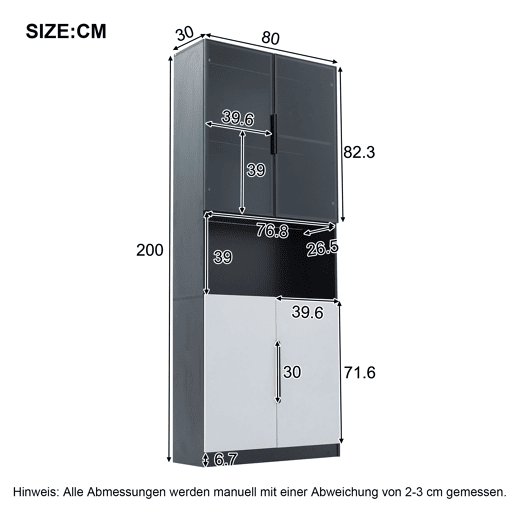 Vitrine moderna 30x160x200 cm - Portas de vidro, com LED, temperatura de cor ajustável - Branco com decoração preta Vitrine moderna 30x160x200 cm - Portas de vidro, com LED, temperatura de cor ajustável - Branco com decoração preta