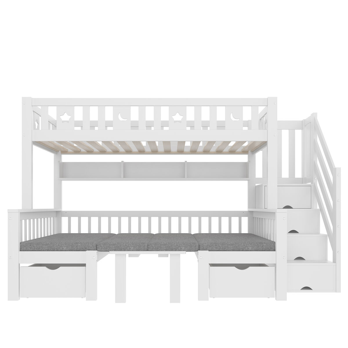 Cama alta multifuncional 90x200 cm - cama y escritorio 2 en 1, escalera con almacenamiento, barandilla decorativa con estrellas y luna - blanco