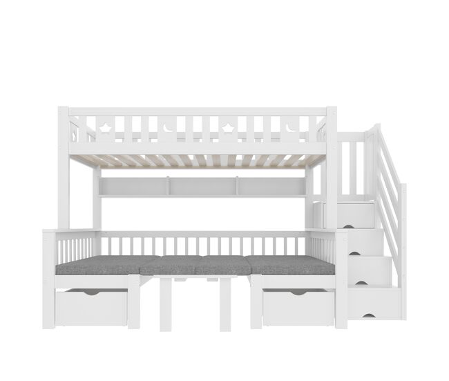 Cama alta multifuncional 90x200 cm - cama y escritorio 2 en 1, escalera con almacenamiento, barandilla decorativa con estrellas y luna - blanco