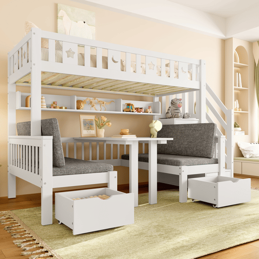 Cama alta multifuncional 90x200 cm - cama e secretária 2 em 1, escada com arrumação, corrimão decorativo com estrelas e lua - branco