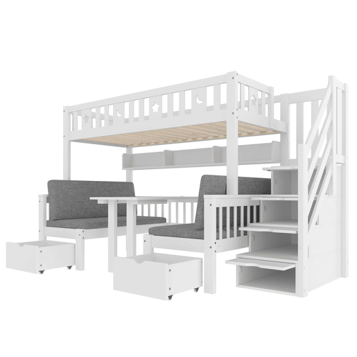 Cama alta multifuncional 90x200 cm - cama e secretária 2 em 1, escada com arrumação, corrimão decorativo com estrelas e lua - branco