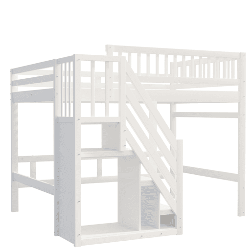 Cama alta em madeira maciça 140x200 - com escada, armário de arrumação e grade alta, cama para crianças e jovens - branco
