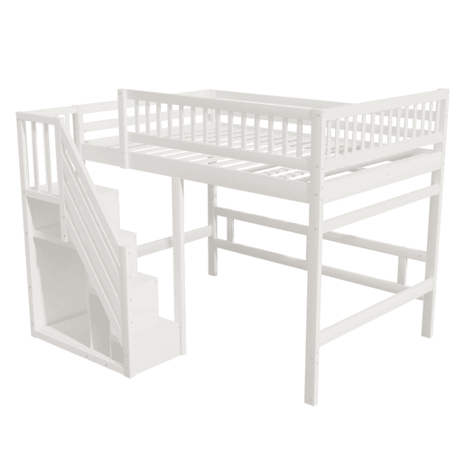 Cama alta em madeira maciça 140x200 - com escada, armário de arrumação e grade alta, cama para crianças e jovens - branco