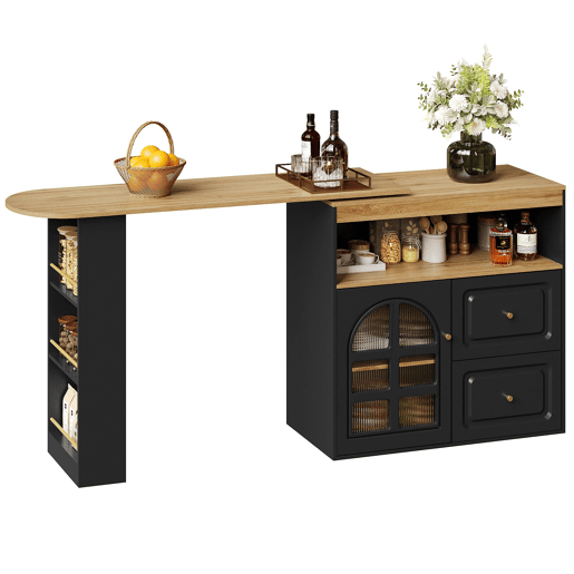 Mesa de bar giratória 360° - 2 gavetas, prateleira para snacks, prateleira aberta, com vidros curvos - preta
