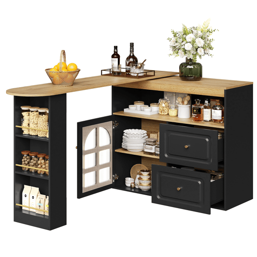 Mesa de bar giratória 360° - 2 gavetas, prateleira para snacks, prateleira aberta, com vidros curvos - preta