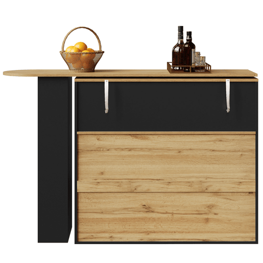 Mesa de bar giratória 360° - 2 gavetas, prateleira para snacks, prateleira aberta, com vidros curvos - preta